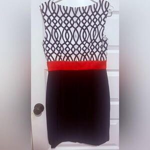 Navy and White Patterned Dress with Coral Waist Band Detail Size 10